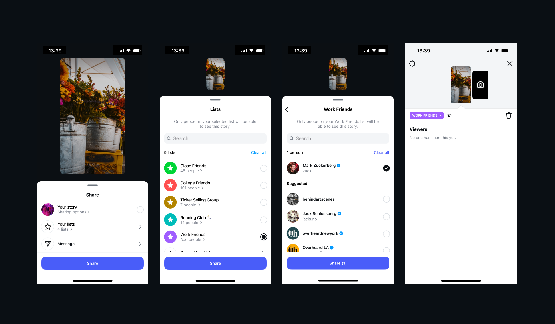 Instagram custom groups feature flow across four mobile screens